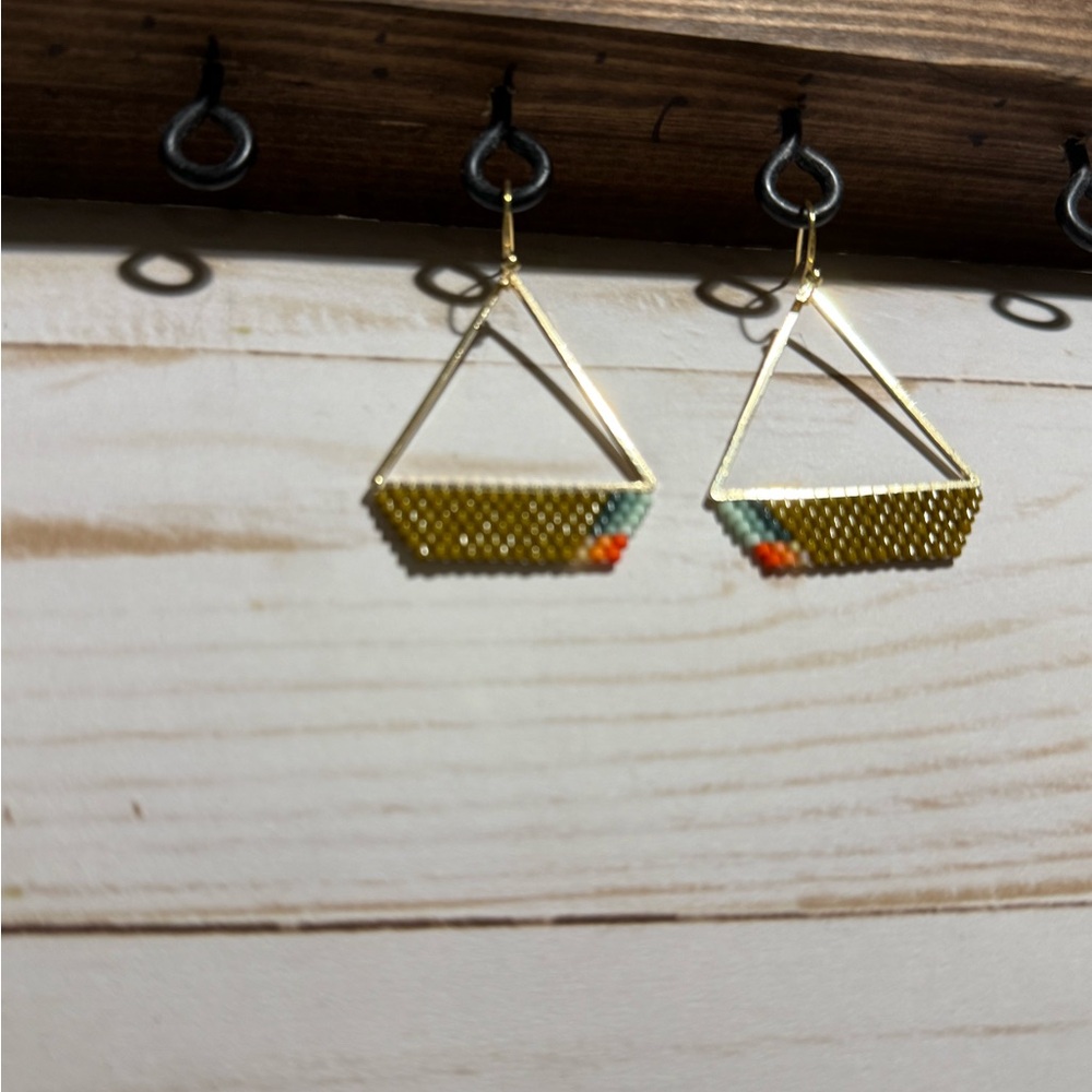 Gold and Green Beaded Triangle Earrings